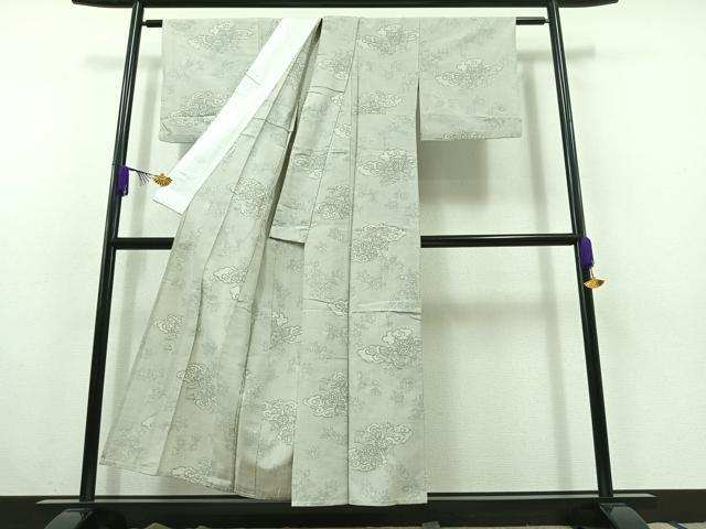 平和屋着物▽上質な紬　単衣　草花文　正絹　逸品　AABC1231jh