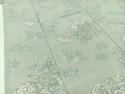 平和屋着物▽上質な紬　単衣　草花文　正絹　逸品　AABC1231jh