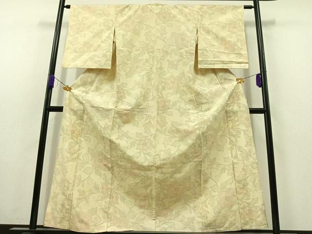 平和屋着物▽上質な紬 単衣 草花文 正絹 逸品 AABC1235jh