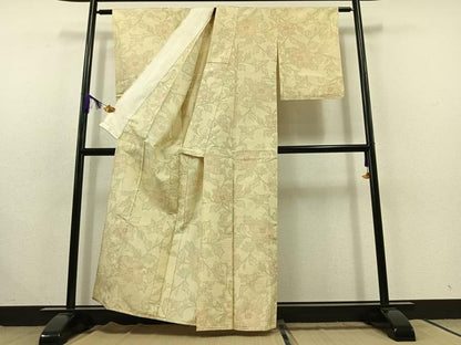 平和屋着物▽上質な紬 単衣 草花文 正絹 逸品 AABC1235jh