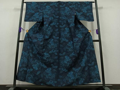 平和屋着物▽上質な紬 単衣 草葉文 正絹 逸品 AABC1237jh