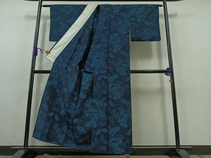 平和屋着物▽上質な紬 単衣 草葉文 正絹 逸品 AABC1237jh
