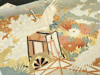 平和屋着物■豪華黒留袖　御所車飛鶴松竹梅文　金彩　正絹　逸品　AABC1309cs