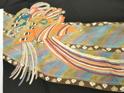 平和屋着物■豪華黒留袖 駒刺繍 花扇文 金彩 正絹 逸品 AABC1353cs