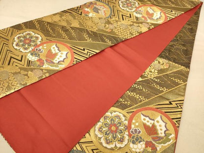 平和屋着物◎六通柄袋帯 唐織 花蝶丸文 金糸 正絹 逸品 AABC1565dt