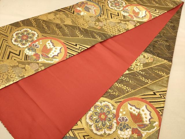 平和屋着物◎六通柄袋帯 唐織 花蝶丸文 金糸 正絹 逸品 AABC1565dt