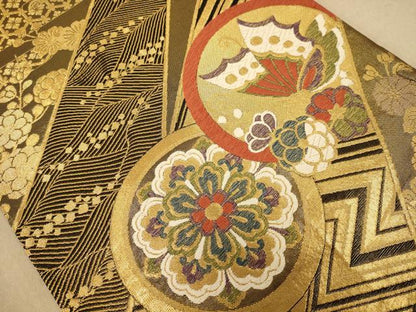 平和屋着物◎六通柄袋帯 唐織 花蝶丸文 金糸 正絹 逸品 AABC1565dt