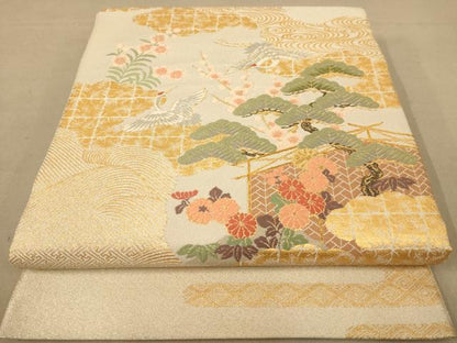 平和屋着物◎綴れ 太鼓柄袋帯 唐織 飛鶴花文 金銀糸 正絹 逸品 AABC1569dt