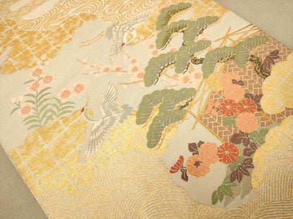 平和屋着物◎綴れ 太鼓柄袋帯 唐織 飛鶴花文 金銀糸 正絹 逸品 AABC1569dt