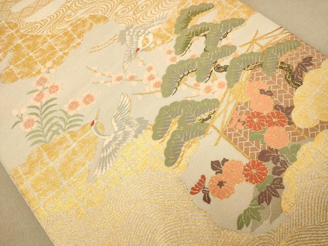 平和屋着物◎綴れ 太鼓柄袋帯 唐織 飛鶴花文 金銀糸 正絹 逸品 AABC1569dt