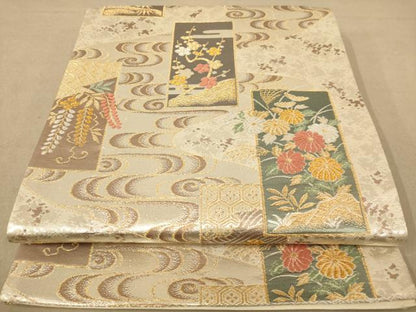平和屋着物◎西陣　六通柄袋帯　唐織　短冊花文　銀糸　正絹　逸品　AABC1570dt