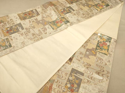 平和屋着物◎西陣　六通柄袋帯　唐織　短冊花文　銀糸　正絹　逸品　AABC1570dt