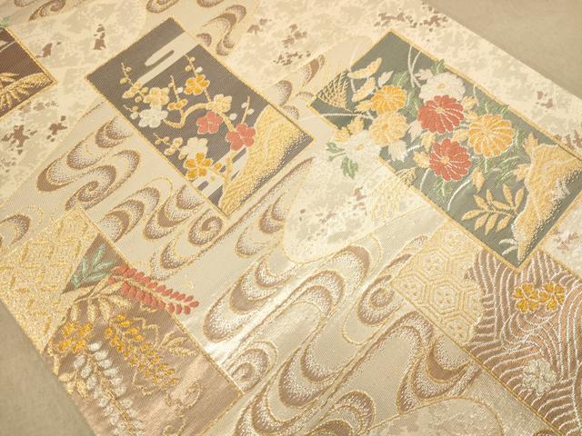平和屋着物◎西陣　六通柄袋帯　唐織　短冊花文　銀糸　正絹　逸品　AABC1570dt