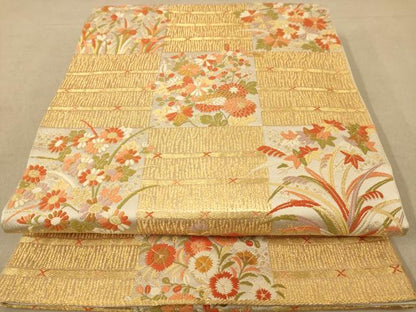 平和屋着物◎六通柄袋帯　唐織　市松花文　金糸　正絹　逸品　AABC1577dt
