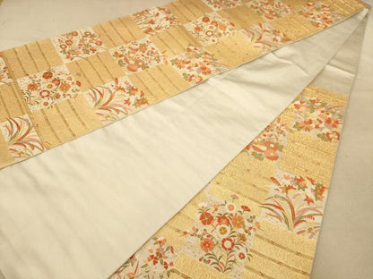 平和屋着物◎六通柄袋帯　唐織　市松花文　金糸　正絹　逸品　AABC1577dt
