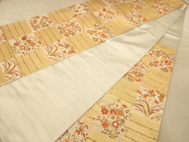 平和屋着物◎六通柄袋帯　唐織　市松花文　金糸　正絹　逸品　AABC1577dt