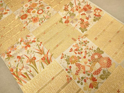 平和屋着物◎六通柄袋帯　唐織　市松花文　金糸　正絹　逸品　AABC1577dt