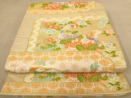 平和屋着物◎六通柄袋帯　唐織　鏡裏花鳥草花　金糸　正絹　逸品　AABC1605dt