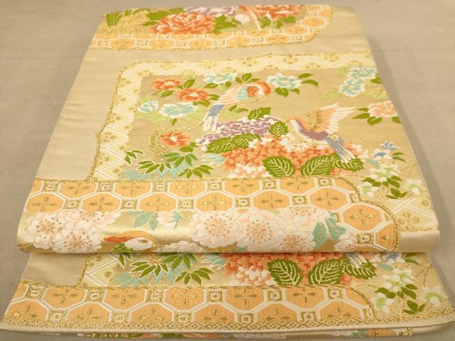 平和屋着物◎六通柄袋帯　唐織　鏡裏花鳥草花　金糸　正絹　逸品　AABC1605dt