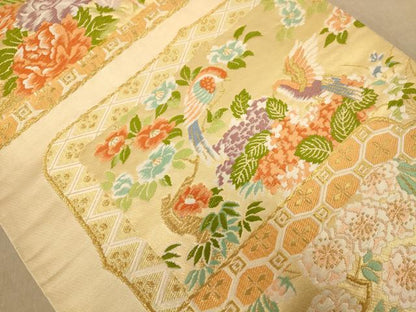 平和屋着物◎六通柄袋帯　唐織　鏡裏花鳥草花　金糸　正絹　逸品　AABC1605dt