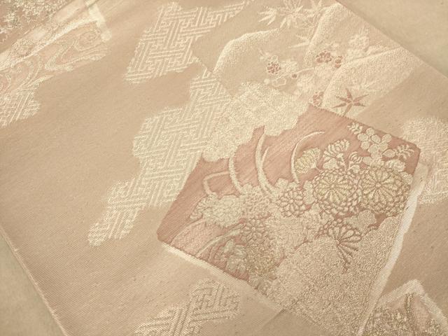 平和屋着物◎六通柄袋帯 色紙重ね花文 正絹 逸品 AABC1623dt