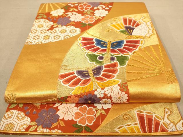 平和屋着物◎六通柄袋帯 唐織 花蝶文 金糸 正絹 逸品 AABC1626dt