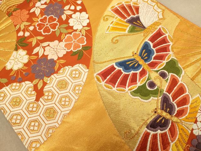 平和屋着物◎六通柄袋帯 唐織 花蝶文 金糸 正絹 逸品 AABC1626dt