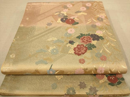 平和屋着物◎六通柄袋帯 唐織 地紙花文 金糸 正絹 逸品 AABC1630dt