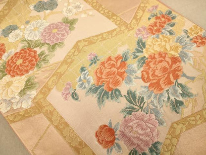平和屋着物◎六通柄袋帯 唐織 草花文 金糸 正絹 逸品 AABC1632dt
