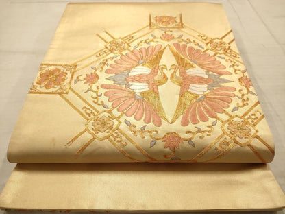 平和屋着物◎太鼓柄袋帯　駒刺繍　双鶴花文　金糸　正絹　逸品　AABC1651dt