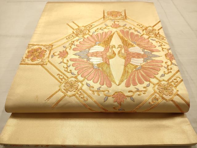 平和屋着物◎太鼓柄袋帯　駒刺繍　双鶴花文　金糸　正絹　逸品　AABC1651dt