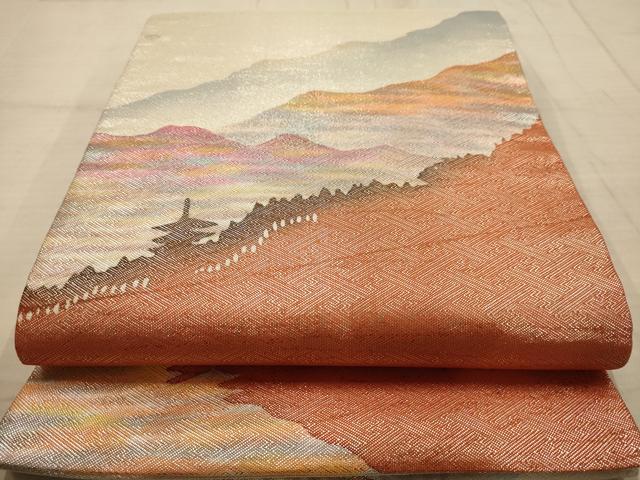 平和屋着物◎太鼓柄袋帯 作家物 風景シルエット 銀糸 正絹 逸品 AABC1653dt