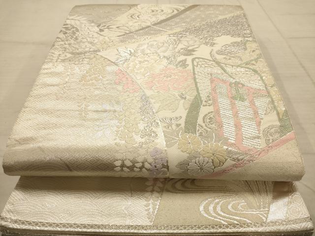 平和屋着物◎六通柄袋帯　唐織　御所車花文　銀糸　正絹　逸品　AABC1673dt