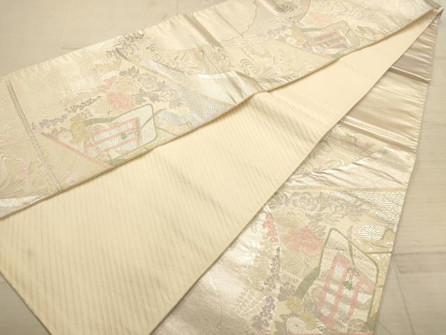 平和屋着物◎六通柄袋帯　唐織　御所車花文　銀糸　正絹　逸品　AABC1673dt