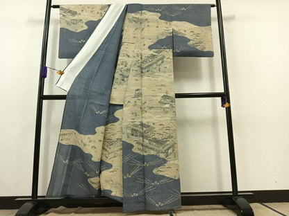 平和屋着物▽染織の名門　しょうざん　生紬　訪問着　単衣　絞り　人物風景文　正絹　逸品　AABC1681jh