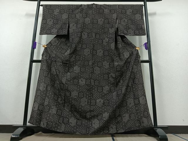 平和屋着物▽上質な紬 単衣 亀甲花文 正絹 逸品 AABC1683jh