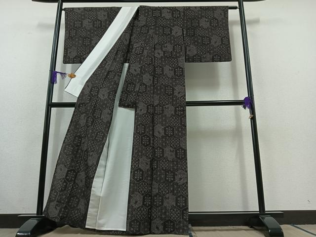 平和屋着物▽上質な紬 単衣 亀甲花文 正絹 逸品 AABC1683jh