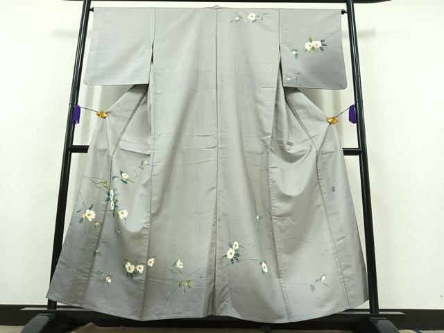 平和屋着物▽十日町友禅作家 村越幸雪 訪問着 単衣 白山紬地 枝花文 正絹 逸品 AABC1688jh