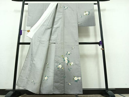 平和屋着物▽十日町友禅作家 村越幸雪 訪問着 単衣 白山紬地 枝花文 正絹 逸品 AABC1688jh