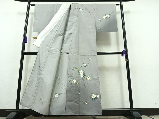 平和屋着物▽十日町友禅作家 村越幸雪 訪問着 単衣 白山紬地 枝花文 正絹 逸品 AABC1688jh