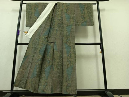平和屋着物▽上質な紬 単衣 切嵌花文 正絹 逸品 AABC1693jh