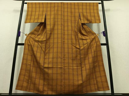 平和屋着物▽本場黄八丈　まるまなこ　紬　単衣　格子　正絹　逸品　AABC1695jh