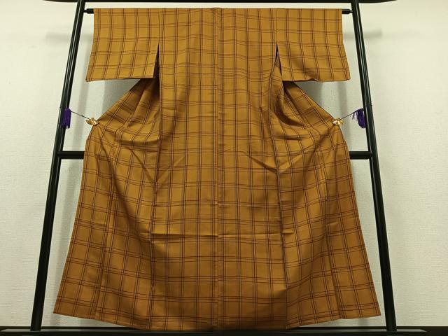 平和屋着物▽本場黄八丈　まるまなこ　紬　単衣　格子　正絹　逸品　AABC1695jh