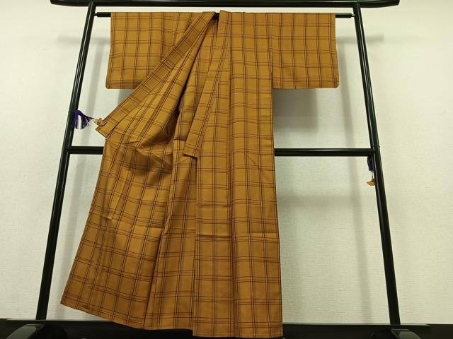 平和屋着物▽本場黄八丈　まるまなこ　紬　単衣　格子　正絹　逸品　AABC1695jh