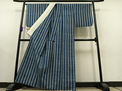 平和屋着物▽上質な紬 単衣 縞 正絹 逸品 AABC1696jh