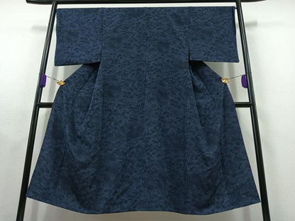 平和屋着物▽男性 小紋 単衣 藍 型染め 草花文 鬼しぼ縮緬 正絹 逸品 AABC1698jh