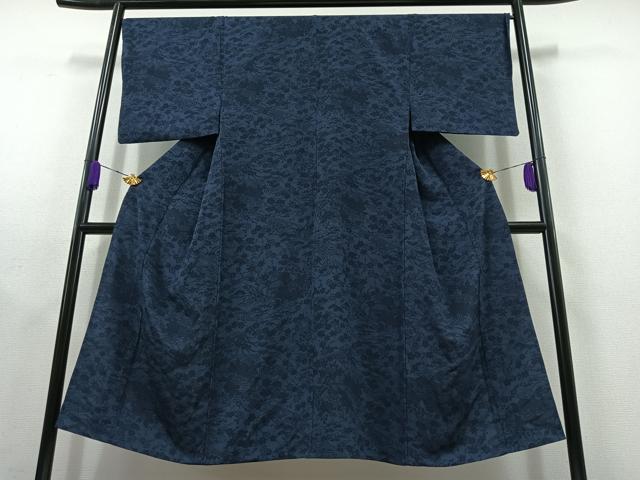 平和屋着物▽男性 小紋 単衣 藍 型染め 草花文 鬼しぼ縮緬 正絹 逸品 AABC1698jh
