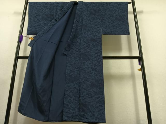 平和屋着物▽男性 小紋 単衣 藍 型染め 草花文 鬼しぼ縮緬 正絹 逸品 AABC1698jh