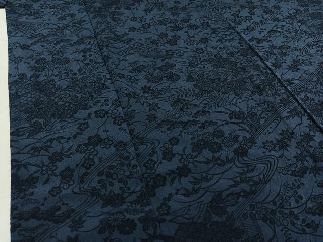 平和屋着物▽男性 小紋 単衣 藍 型染め 草花文 鬼しぼ縮緬 正絹 逸品 AABC1698jh