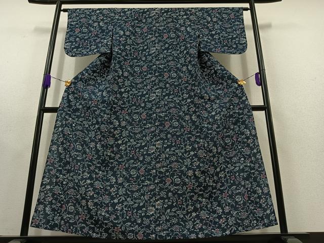 平和屋着物▽上質な紬 単衣 草花文 正絹 逸品 AABC1699jh